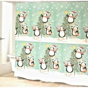 Avanti Christmas Holiday Fabric Shower Curtain Penguins and Trees Green 72x72"